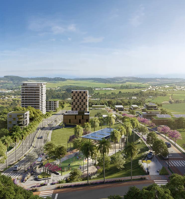 Vista área do bairro Origens com um parque, ciclovia e prédios modernos